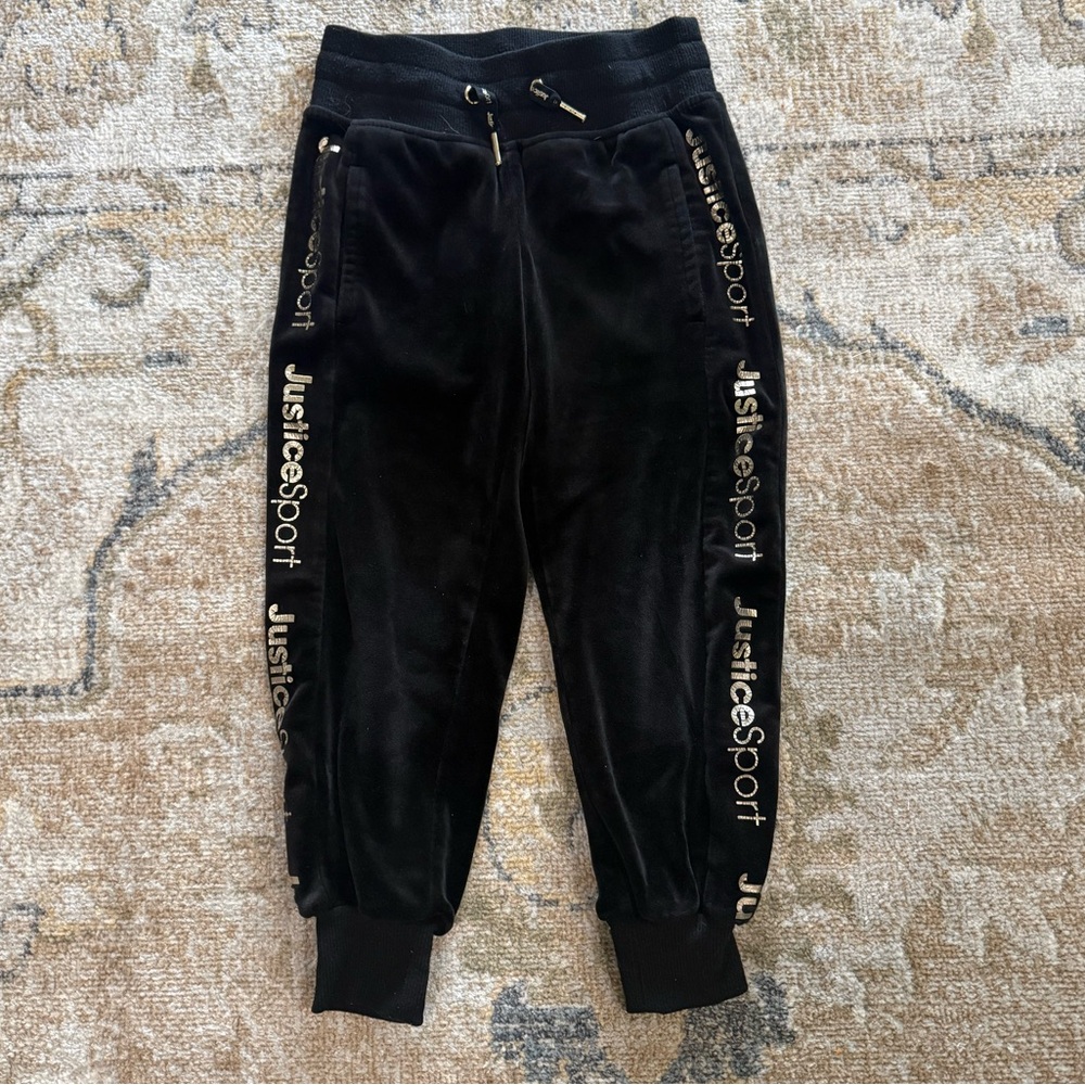 Justice Sport Black Silver Logo Stripe Velvet Joggers Lounge Pants Girls XS 5-6